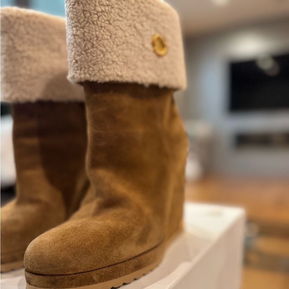 Moncler short faux fur shearling lined wedged boot